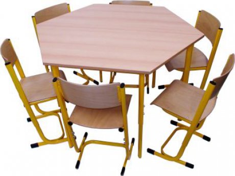 Výškově stavitelná sestava MILA IV. - dětský stůl šestiúhelníkový + 6 x dětská židle